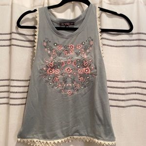 Light green tank with lace and floral detail